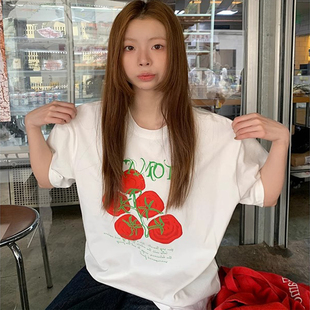 宽松显瘦纯棉休闲上衣潮 美式 复古番茄印花短袖 T恤女2025夏季 新款