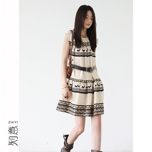 宽松无袖 波西米亚风图腾印花连衣裙女夏季 捏褶显瘦A字裙 8.8