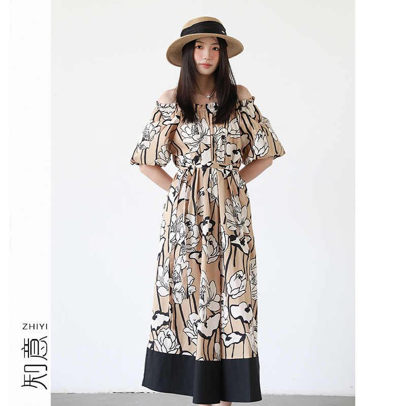 高支纯棉度假风印花连衣裙女