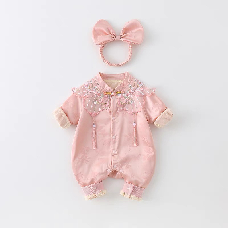 婴儿衣服春秋装女宝宝连体衣中式哈衣周岁礼服装百岁宴百天外出服