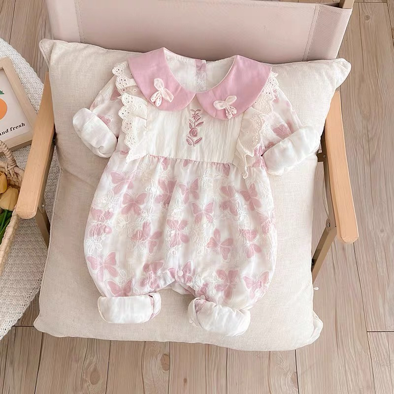 婴儿春装新生儿连体衣碎花满月长袖哈衣可爱女宝宝春秋装外出爬服