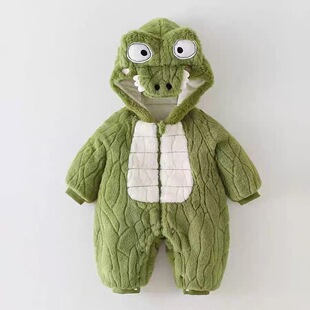 男宝宝秋冬外套超萌鳄鱼毛毛衣加厚防风保暖哈抱衣婴儿衣服连体衣