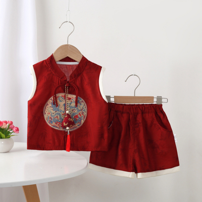 新中式男童汉服夏秋季套装新款国风儿童周岁礼服宝宝背心两件套潮