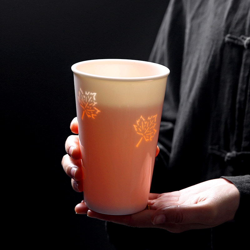 羊脂玉陶瓷玲珑枫叶透光马克杯