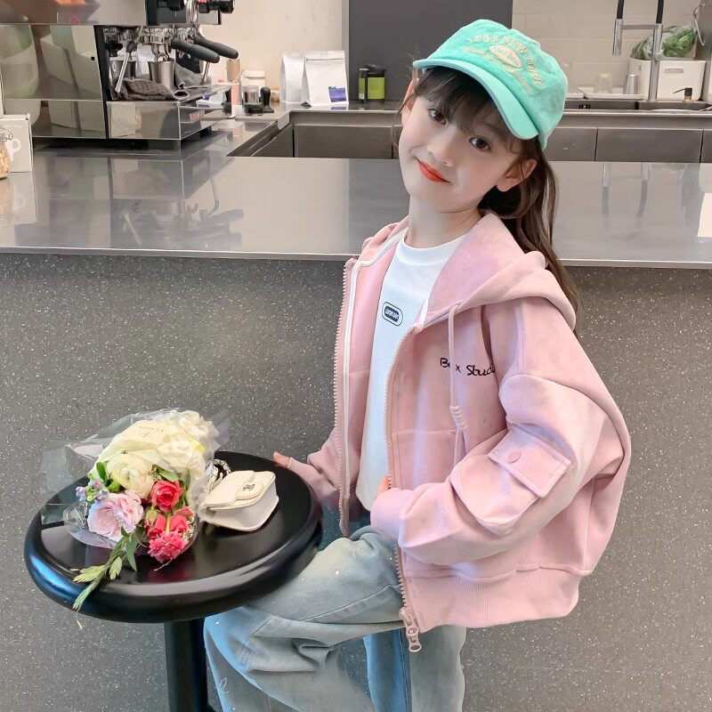 여아 재킷 봄 재킷 2024 새로운 아동 유행 봄 가을 후드 이른 봄 큰 아동 재킷