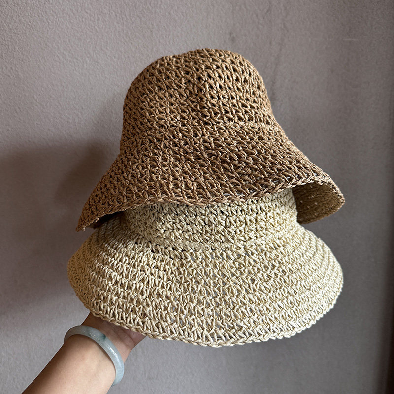 日系新款草编纯色渔夫帽子女户外沙滩出游可折叠遮阳防晒草帽潮