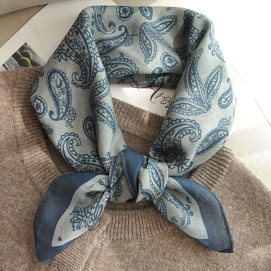 蓝色腰果花小丝巾方巾女春秋百搭款护颈小领巾日常通勤优选