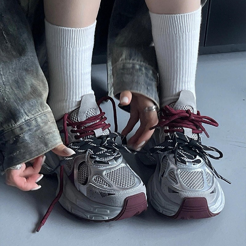 厚底增高真皮老爹鞋女拼色双鞋带