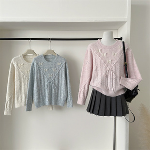 超好看立体蝴蝶结麻花针织毛衣女2025秋冬新款 胖mm慵懒风上衣 大码