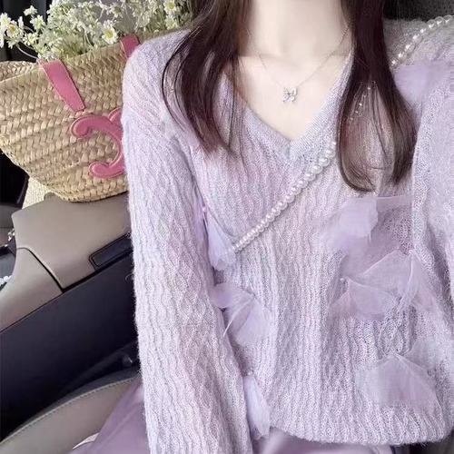 紫色镂空立体花朵长袖罩衫女2025新款初春穿搭薄款v领针织衫上衣