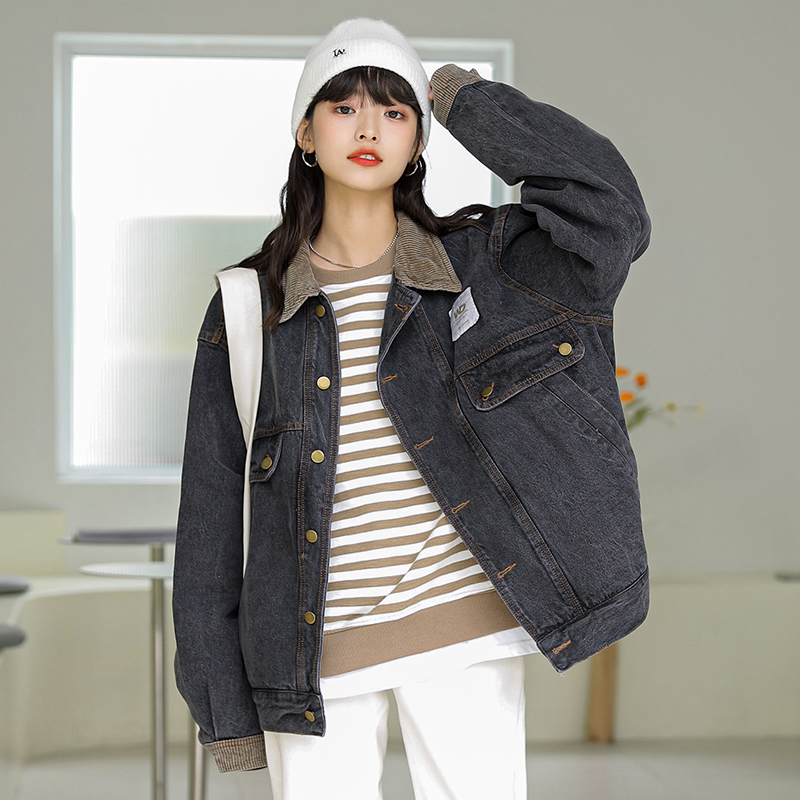 实拍 2025秋新款韩版宽松复古港风黑灰色牛仔外套女灯芯绒领上衣