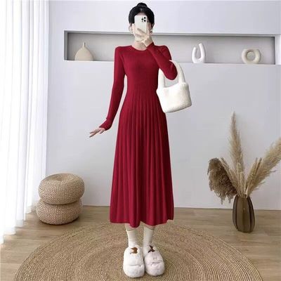 加厚冬季长款配大衣内搭长袖针织连衣裙女气质百搭显瘦打底毛衣裙