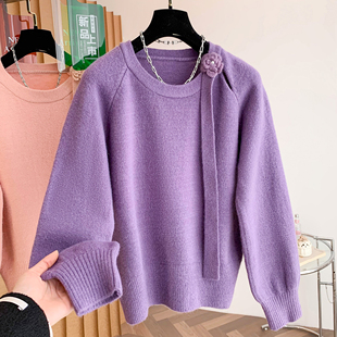 高级感超好看针织衫 冬季 上衣 2025新款 紫色套头毛衣可外穿内搭女款