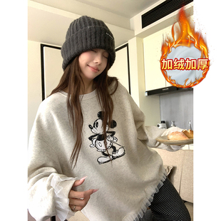 实拍纯棉华棉复合真超加绒卫衣女秋冬潮新款 蕾丝宽松保暖上衣