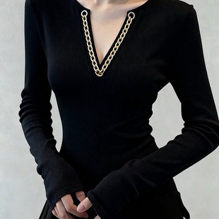 小众设计感掐腰黑色链条针织上衣女秋内搭高端时髦洋气超好看毛衣