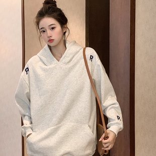 实拍纯棉华棉复合真超卫衣女秋冬加绒加厚刺绣设计感连帽保暖上衣