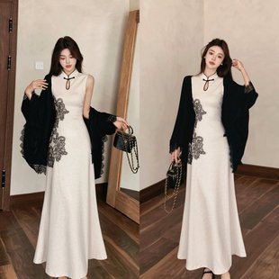 两件套套装 实拍 旗袍针织连衣裙长裙开衫 无袖 秋冬新中式