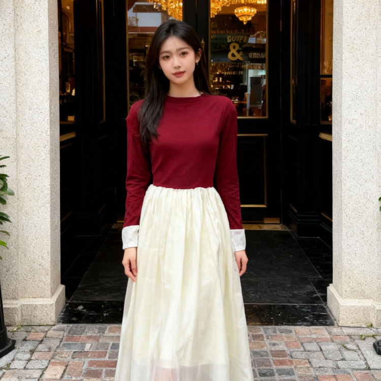 法式高级感圆领撞色长袖连衣裙2025秋冬新款千金风时尚设计感长裙