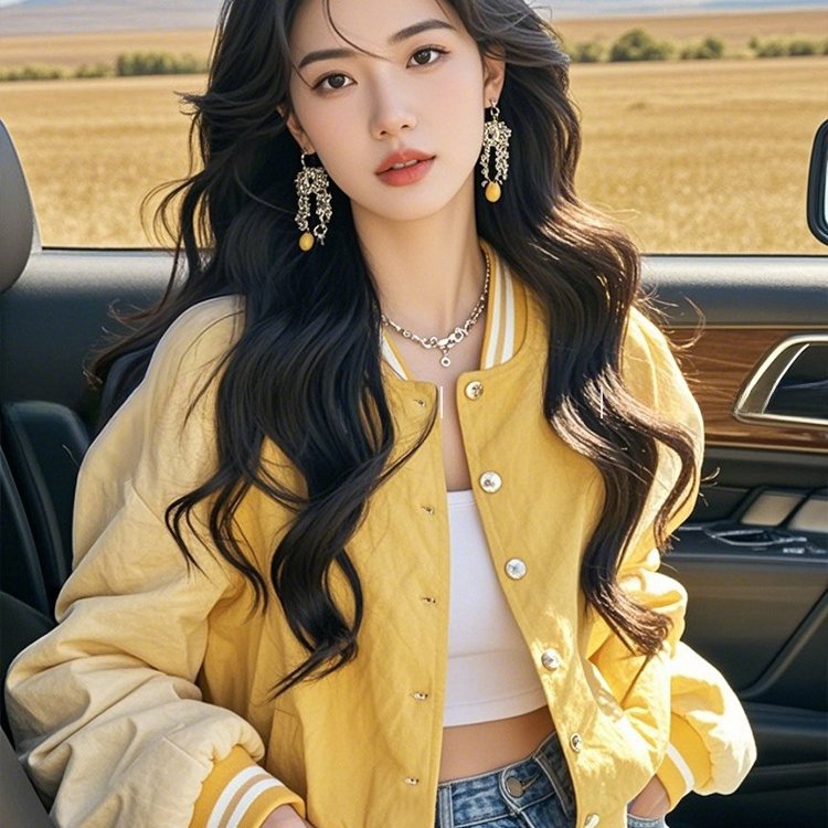 今年流行漂亮美式慵懒chic百搭黄色棒球服外套女装2025早秋季新款