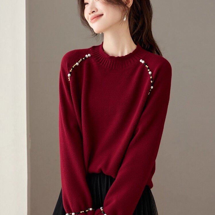 高级感钉珠灰色正肩针织衫毛衣女2026秋冬新款大码胖mm马海毛上衣