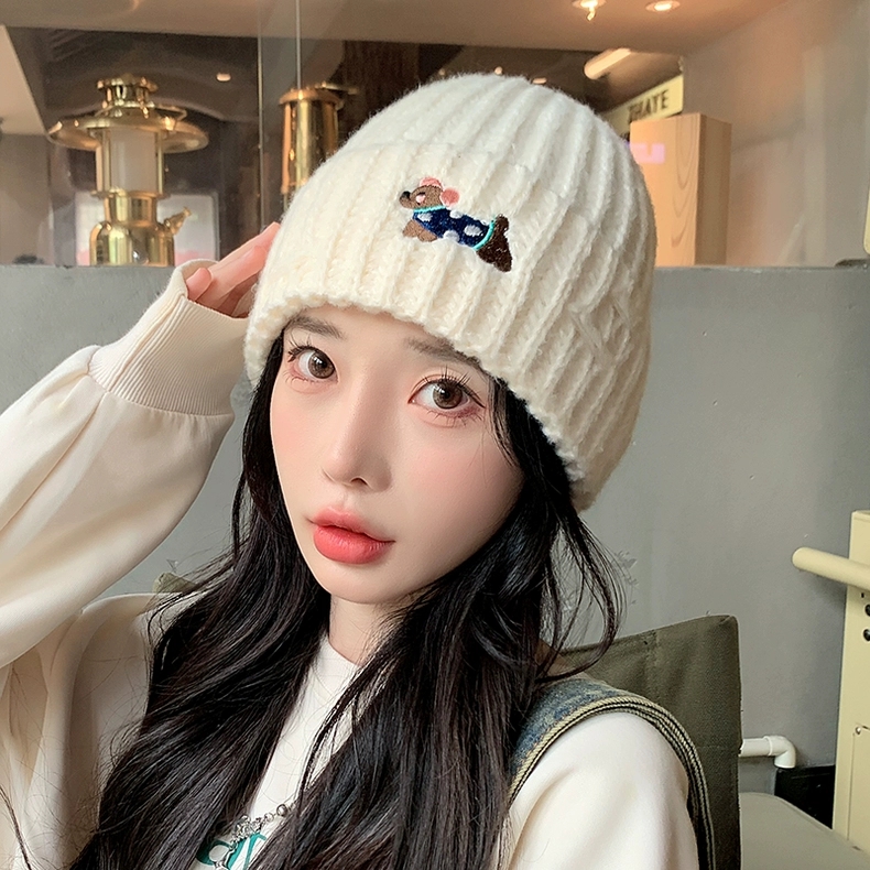 韩版卡通小狗刺绣针织帽女秋冬