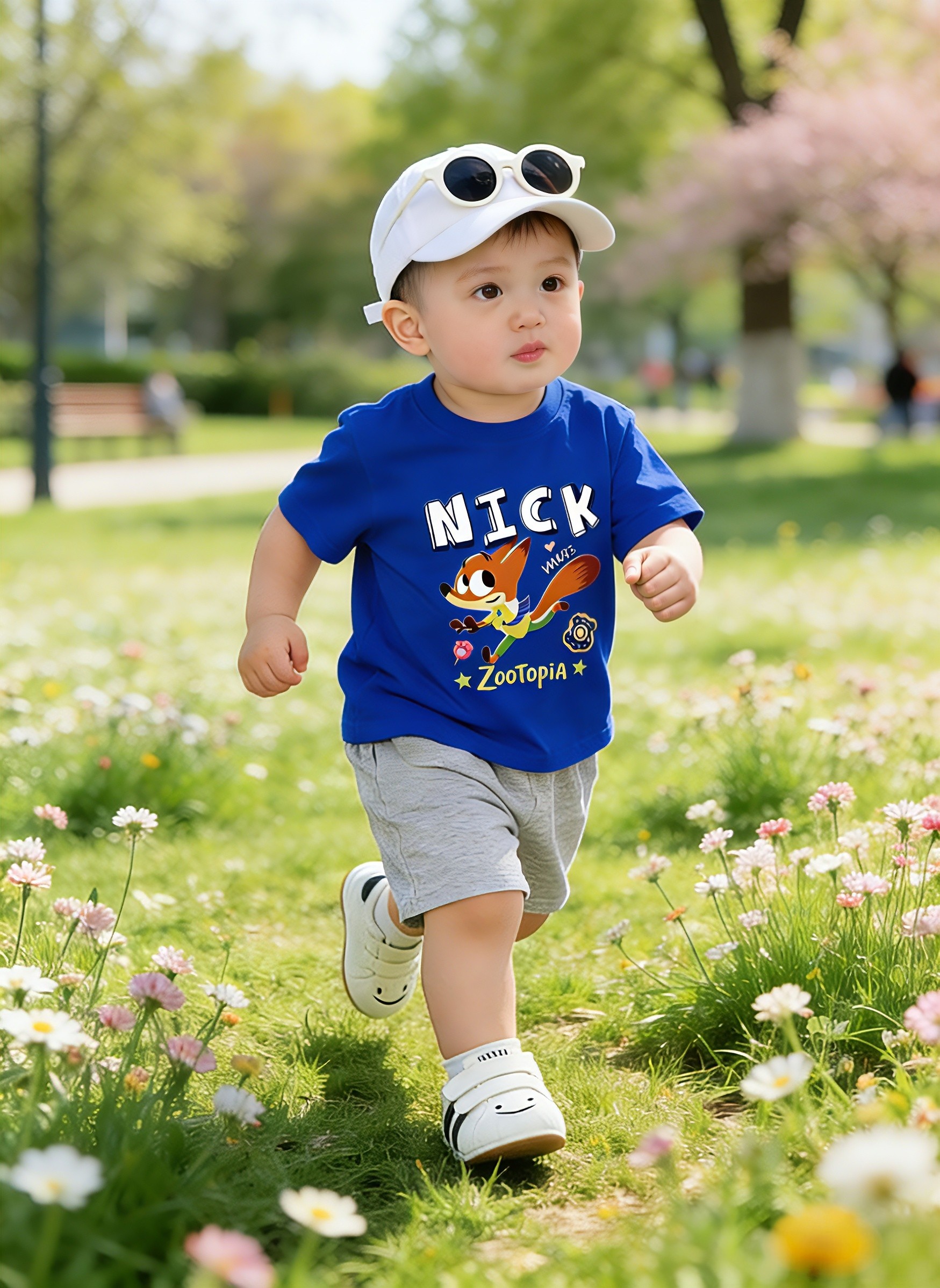 儿童纯棉短袖T恤男童夏季尼克狐卡通印花上衣宝宝洋气夏装两件套