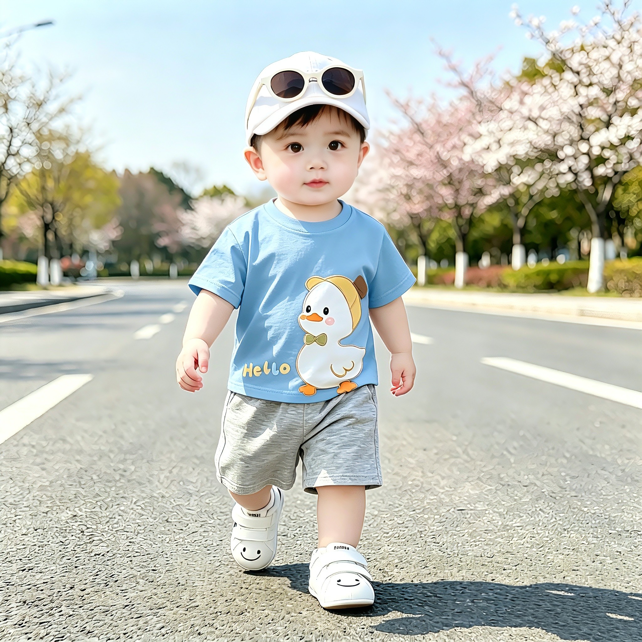 儿童纯棉透气夏装套装可爱小黄鸭印花短袖短裤宝宝百搭休闲两件套