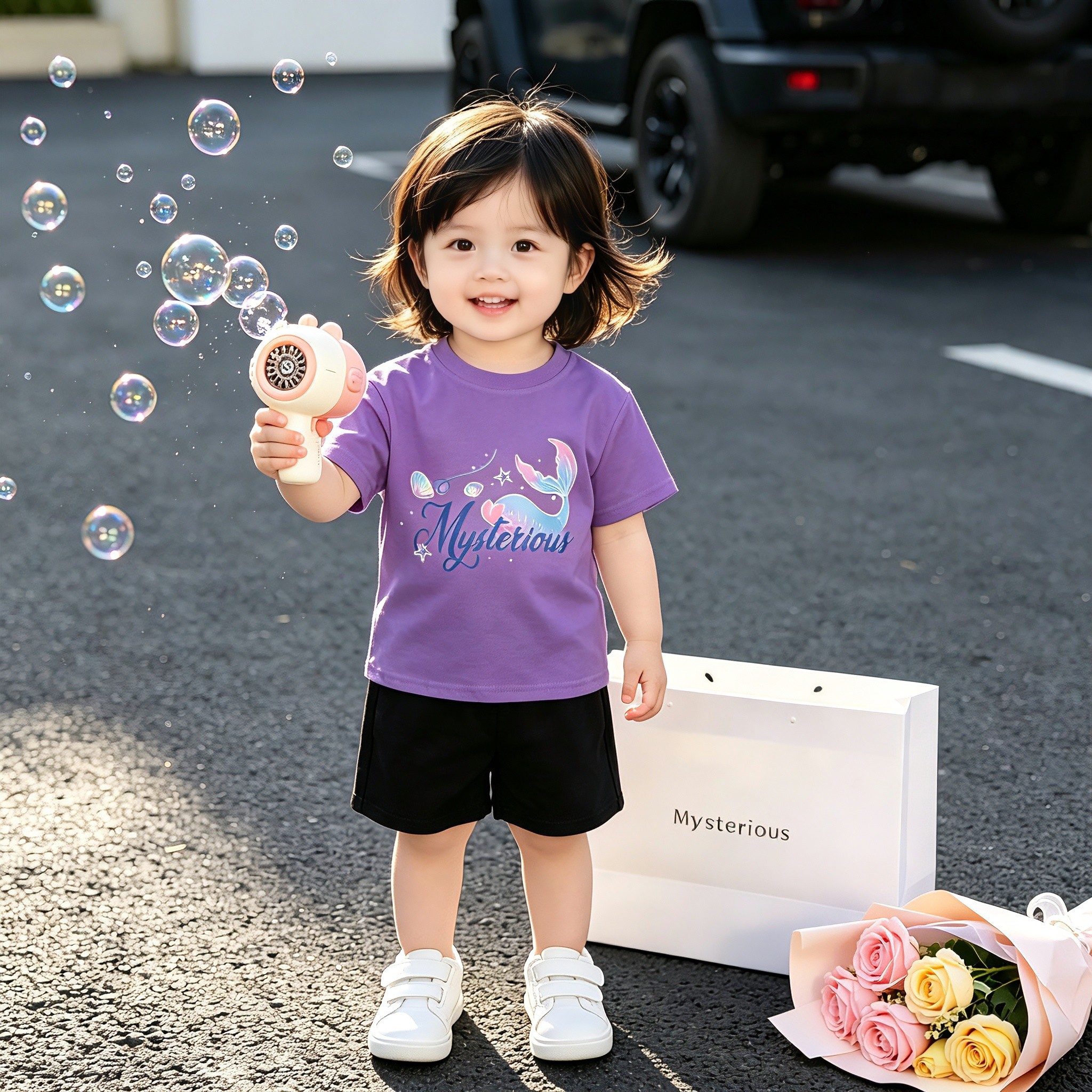 宝宝短袖T恤夏季新款小鱼印花女童纯棉上衣套装婴儿洋气百搭半袖
