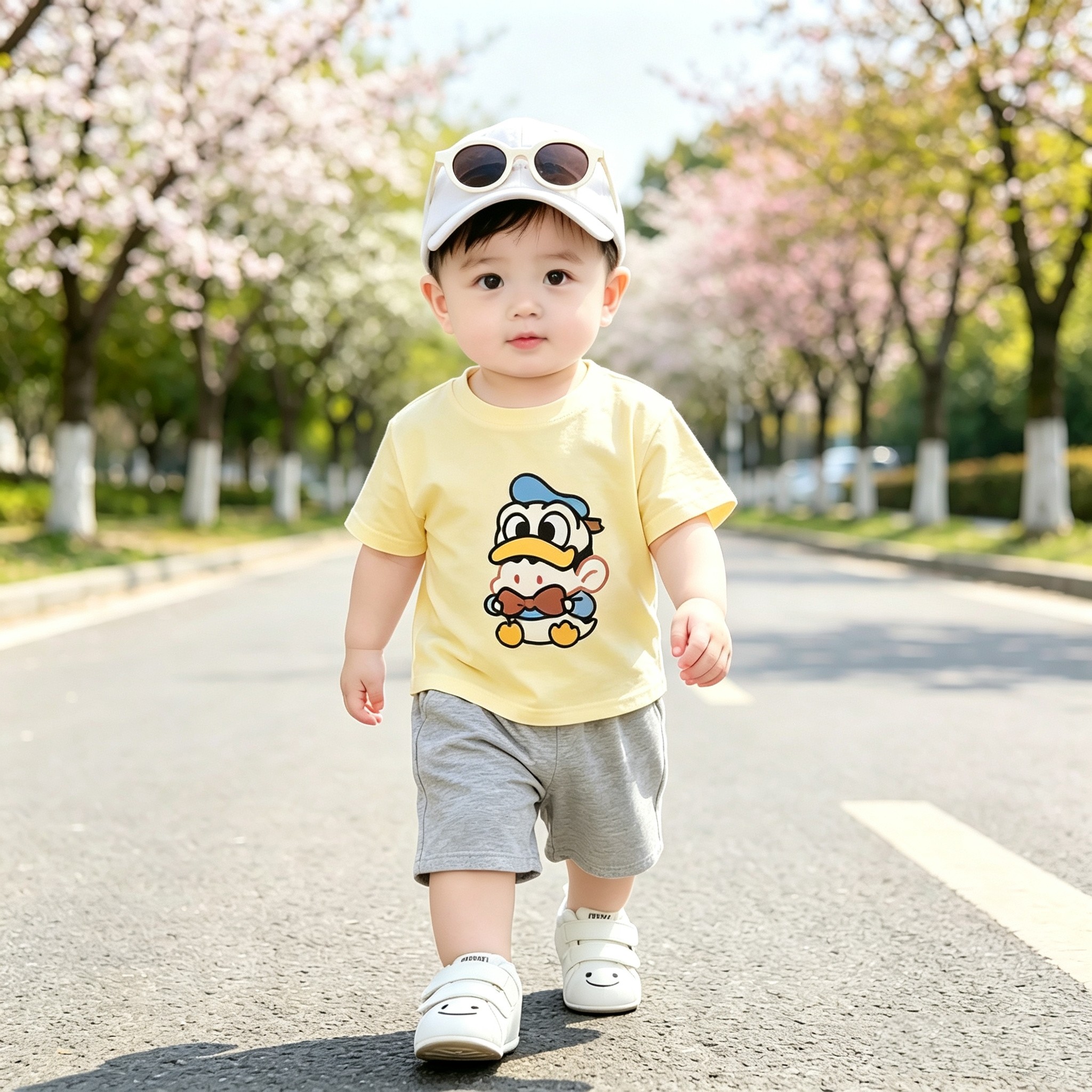 宝宝婴幼儿卡通小鸭透气纯棉套装儿童百搭短袖短裤男孩休闲两件套