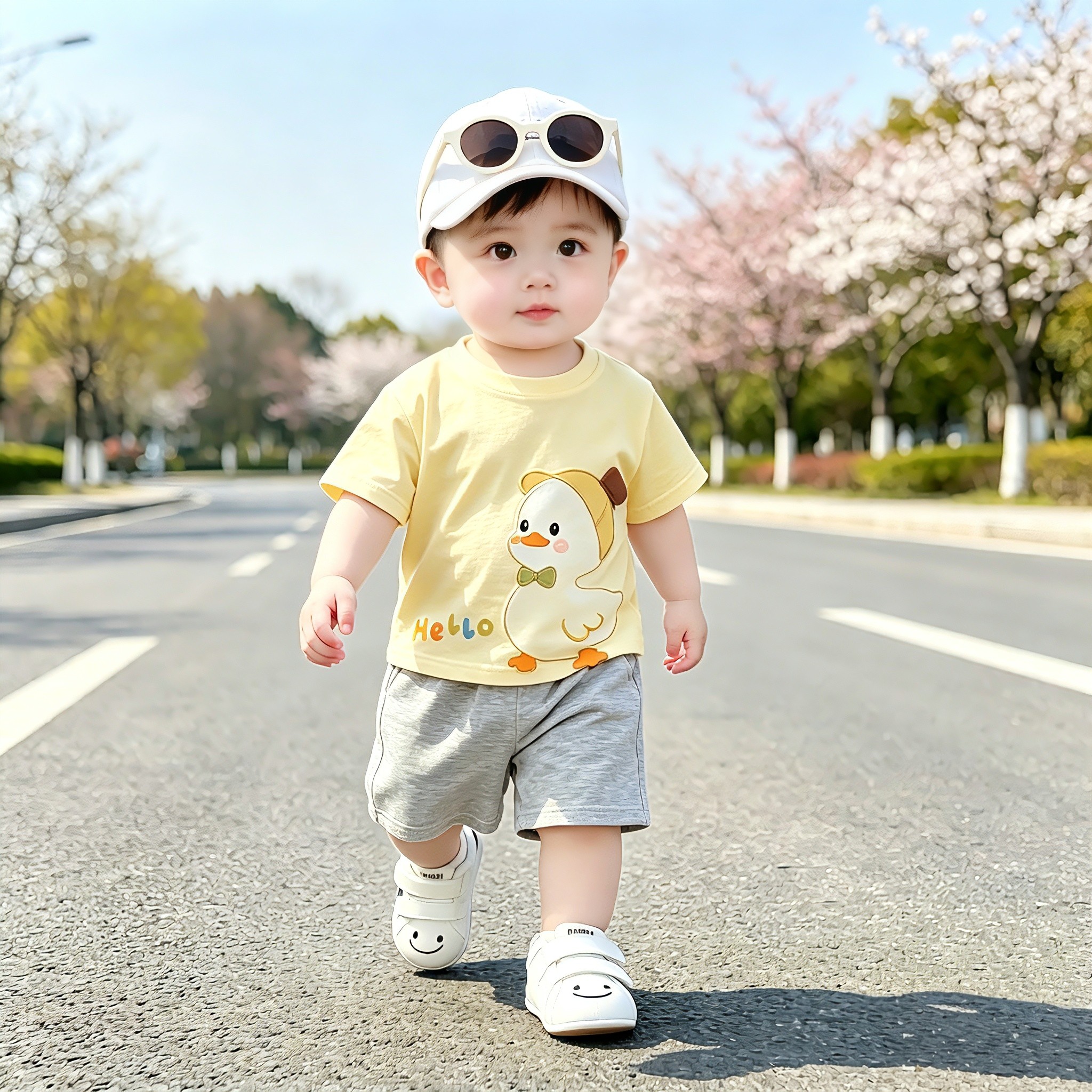 宝宝夏装纯棉套装男童卡通鸭子短袖短裤婴幼儿薄款洋气外出两件套