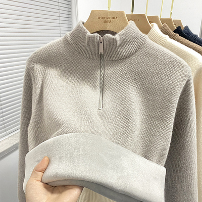 一体绒毛衣男冬季半高领拉链宽松加绒加厚雪尼尔男卫衣保暖打底衫