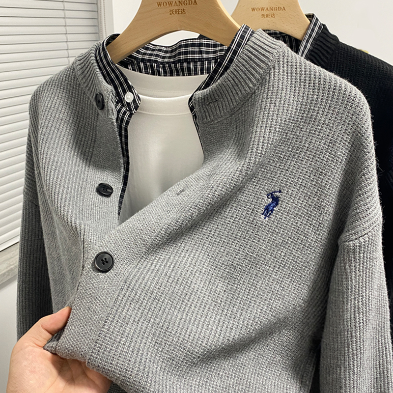 衬衫领假两件针织开衫男秋冬季新款毛衣外套男装外搭潮流休闲