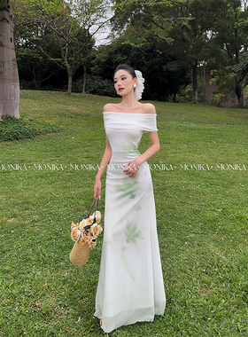【青瓷】度假风长裙晕染花卉印花一字肩时尚显瘦连衣裙26028