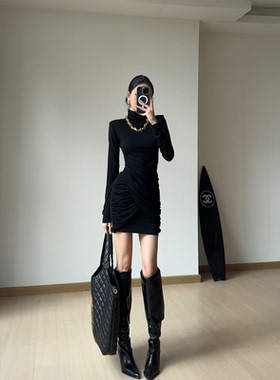 【沙漏裙】气质半高领长袖连衣裙女装秋冬季显瘦包臀短裙子24139