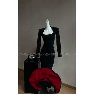 气质性感长裙25163 秋冬方领步步生莲鱼尾新款 红底步步生莲