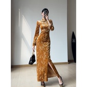 国风旗袍长裙设计款 新中式 丝绒暗花盘扣连衣裙24109 繁花杜鹃