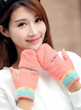 秋冬季手套羊毛绒半指保暖触屏短款可爱男女学生情侣毛线半截露指