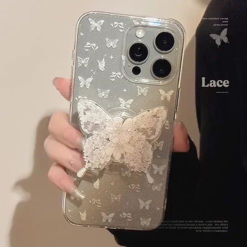 气质ins白蝴蝶支架苹果16手机壳15闪粉iphone17pro max适用11仙女