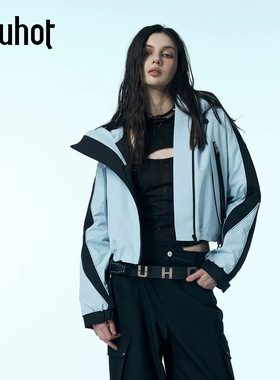 uhot/诱货蓝色短款连帽滑雪羽绒服女装拼接撞色显瘦保暖UWWW1W289