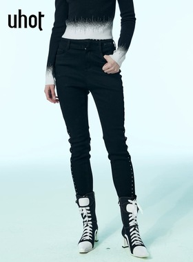 uhot/诱货黑色铆钉微紧身牛仔裤高腰显瘦显腿长酷帅新款UWWW6K438