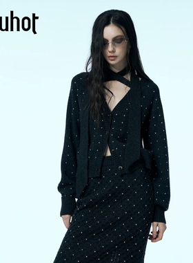 uhot/诱货深灰色短款廓形修身针织开衫女烫钻两面穿设计UWWW2Z137