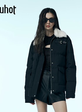 uhot/诱货黑色撞卷毛翻领滑雪羽绒服女奢华鹅绒秋冬保暖UWWW1W168