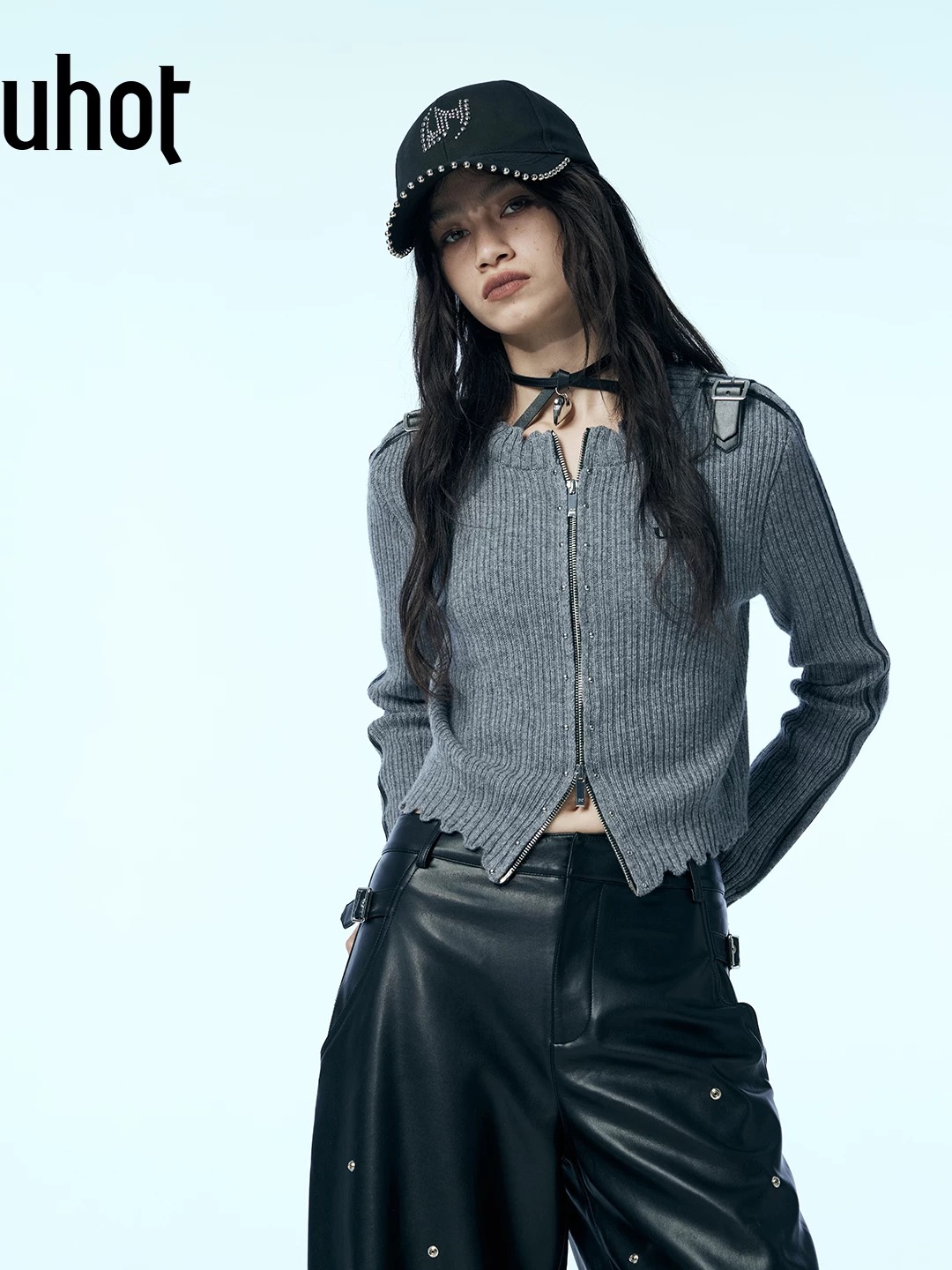 uhot/诱货灰/白色慵懒风条纹羊毛衫修身水洗开衫秋新款 UWWA3Z097