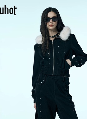 uhot/诱货黑色时髦毛绒系连帽短外套女活力减龄秋冬保暖UWWW1W310