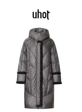 uhot/诱货灰色双线斜纹绗线鹅绒羽绒服连帽长款廓形保暖UWWW5W435