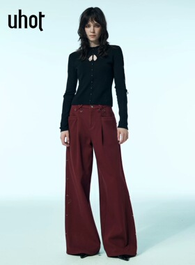 uhot/诱货红色高腰阔腿加绒牛仔裤精致金属扣装饰25新款UWWW6K261