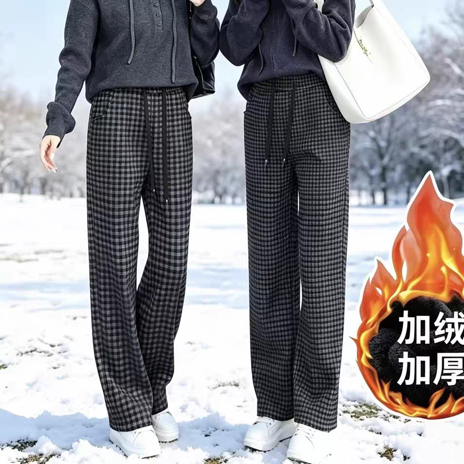 高腰显瘦2026秋冬新款毛呢格子裤女加绒休闲裤格纹窄版直筒阔腿裤