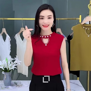 无袖 外套螺纹内搭小衫 T恤上衣 西装 黑色钉珠小背心吊带女春夏新款