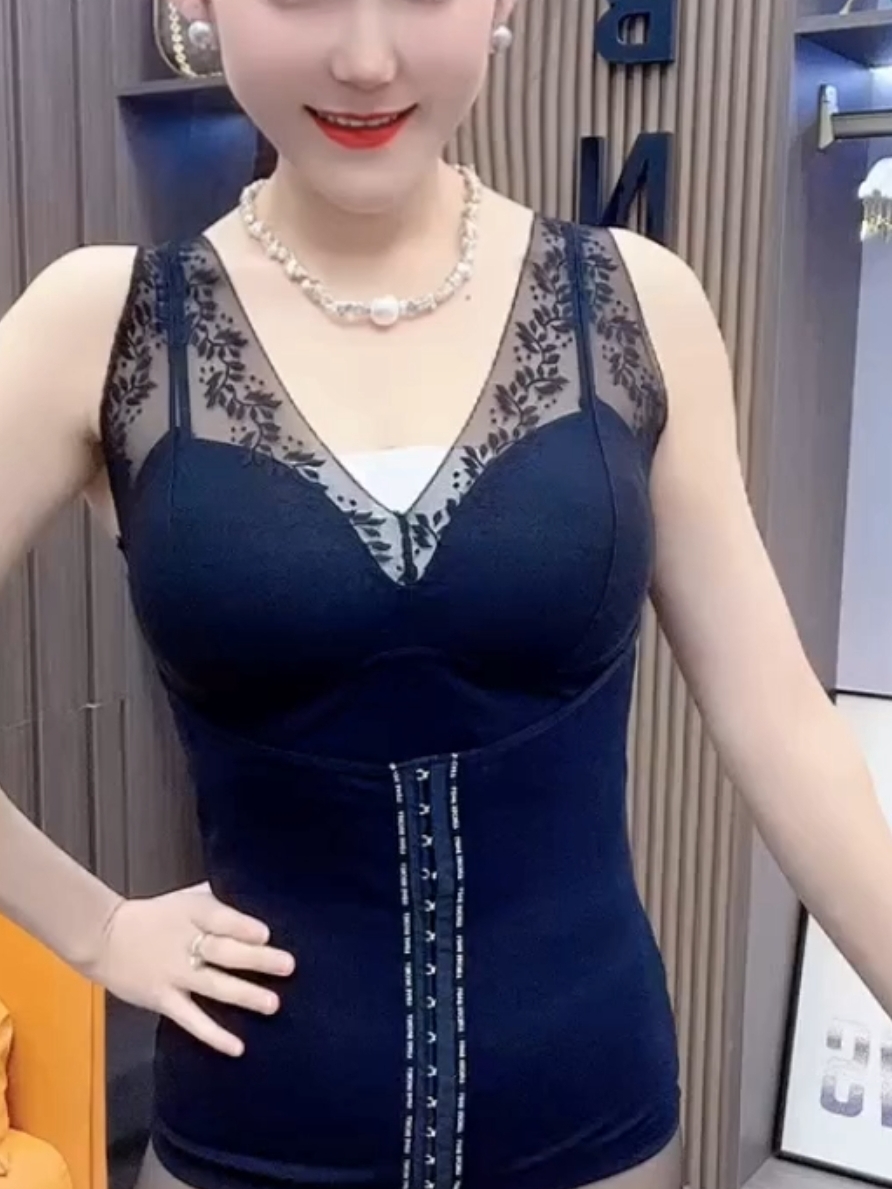 蕾丝保暖背心女上衣半身束腰强力收腹收小肚子免穿文胸带胸垫秋冬