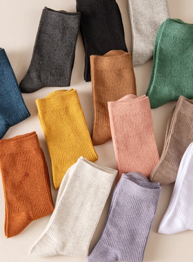 袜子女中筒纯棉袜春秋款吸汗防臭松口黑白色长袜纯色女士堆堆袜